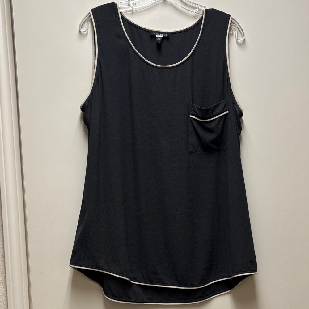 Eileen Fisher Women's Black Sleeveless Blouse with Cream Trim Size Large